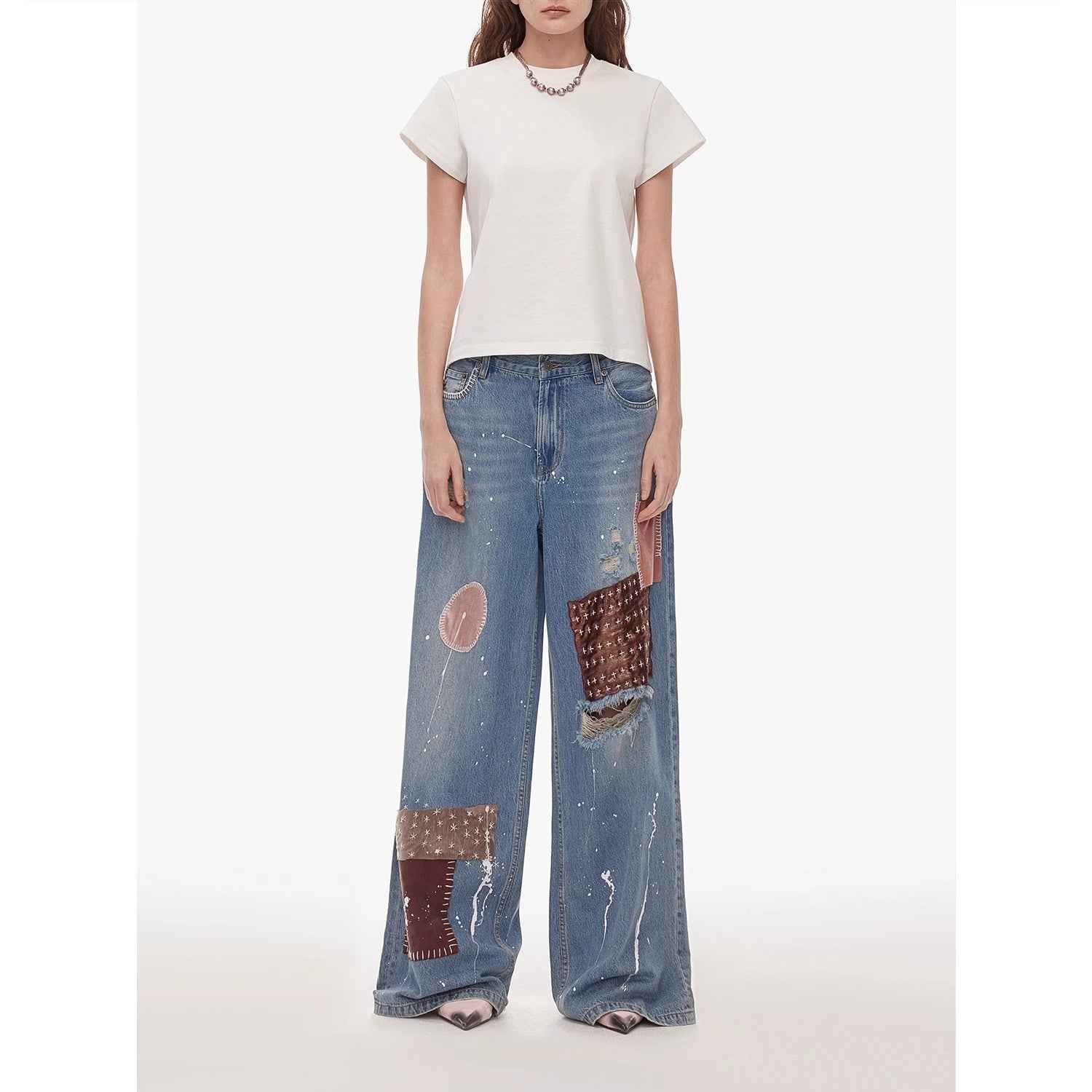"Uninhibited splicing" retro design mid-low waist washed ripped hole splattered paint cloth patch wide-leg jeans-1