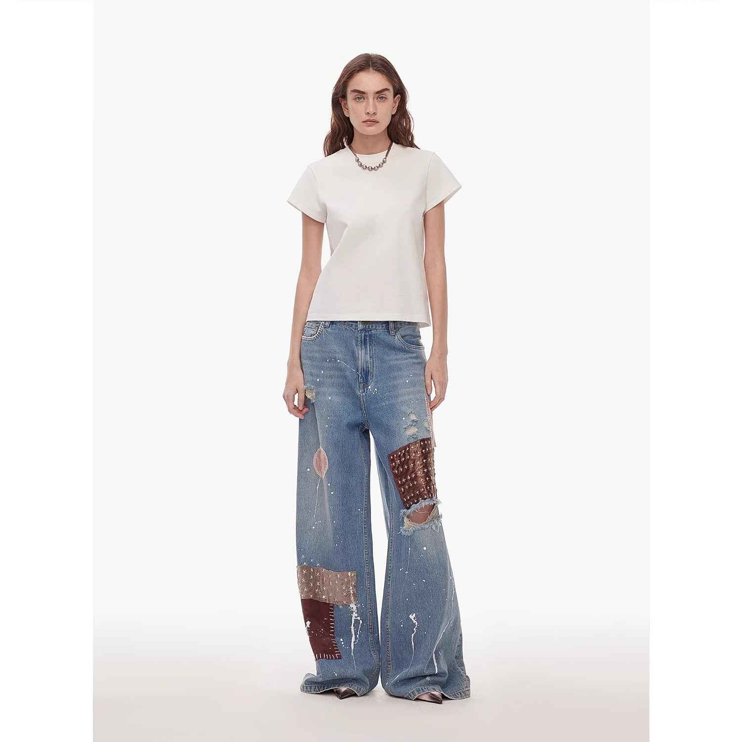 "Uninhibited splicing" retro design mid-low waist washed ripped hole splattered paint cloth patch wide-leg jeans-0