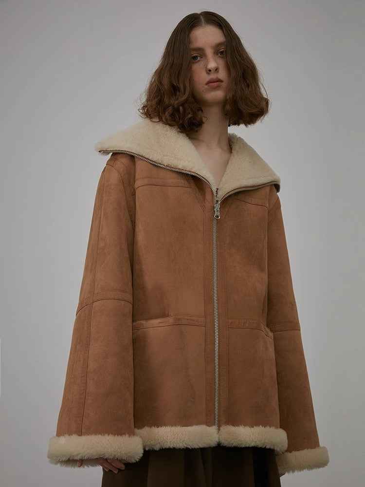 Fireladyfur Women's Faux Leather Shearling Jacket - Short Lapel Wool Coat Vintage-0