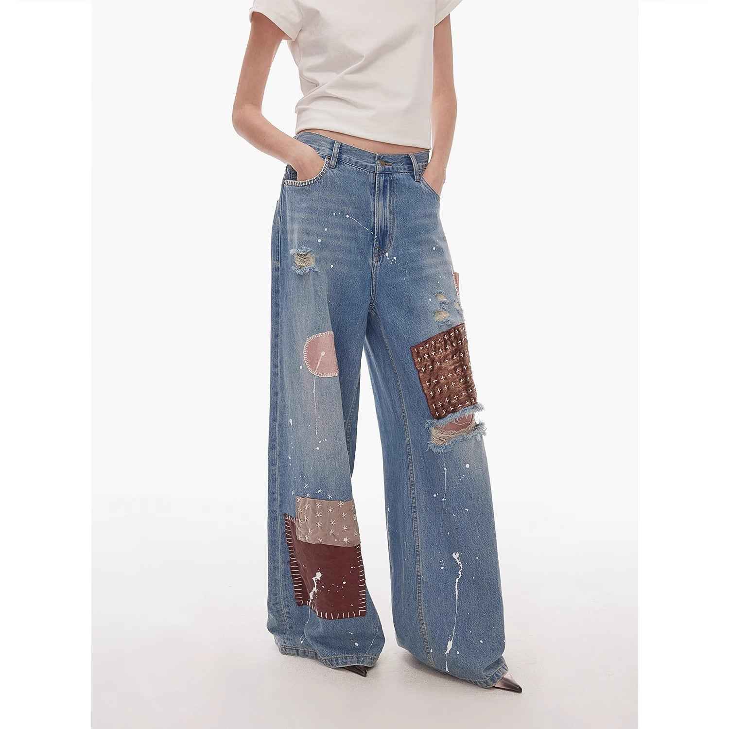 "Uninhibited splicing" retro design mid-low waist washed ripped hole splattered paint cloth patch wide-leg jeans-4