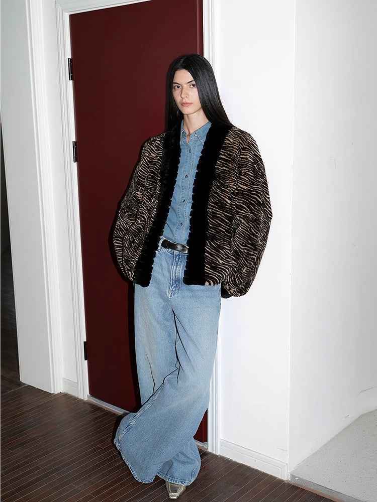 "Multiple Stripes" Retro Personalized Stripe Print Delicate V-Neck Rex Rabbit Fur Jacket-1