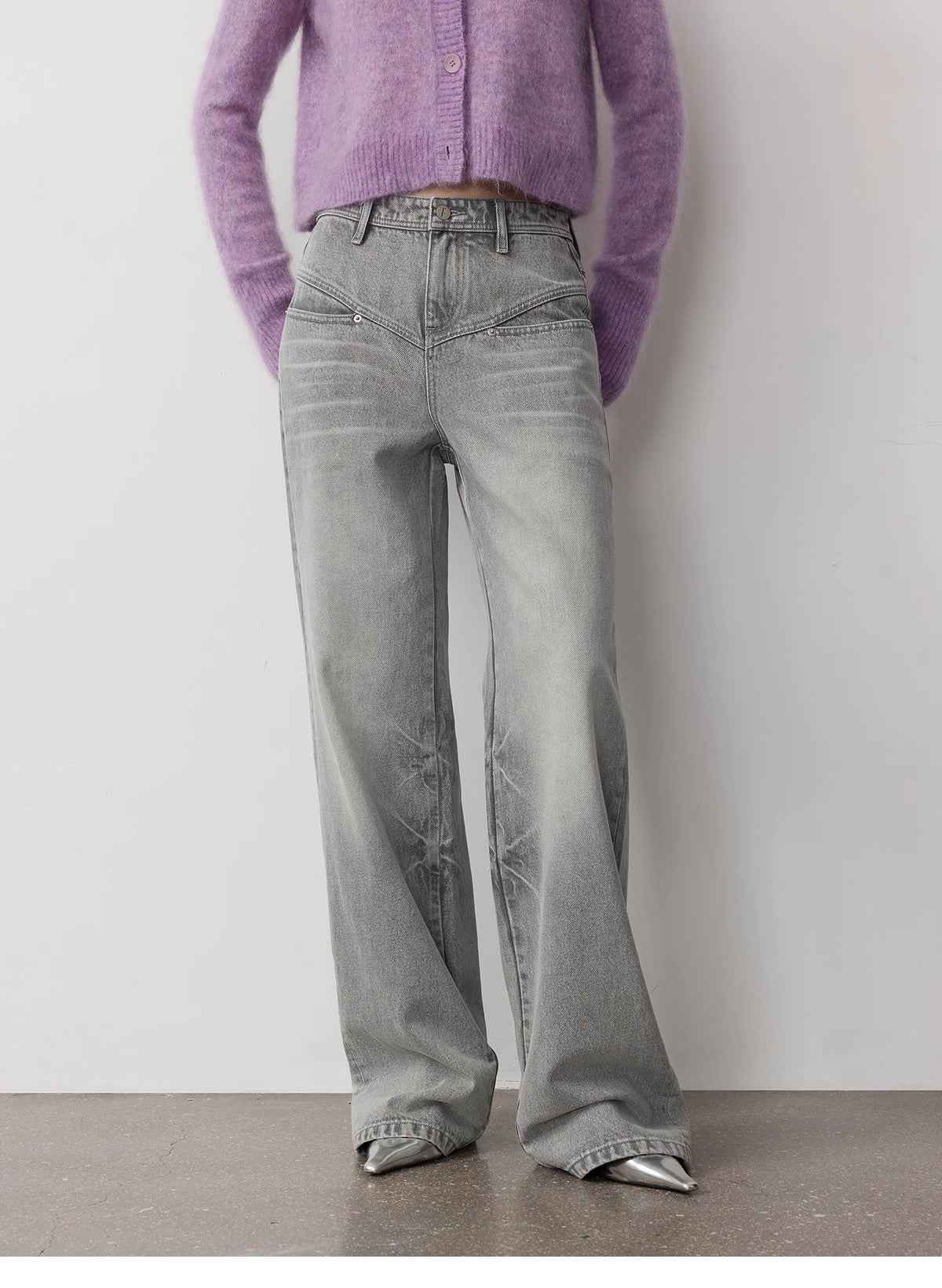 Vintage Heavy Wash Distressed Marble Pattern V-Shaped Segmented Slimming Textured Straight-Leg Denim Trousers-4