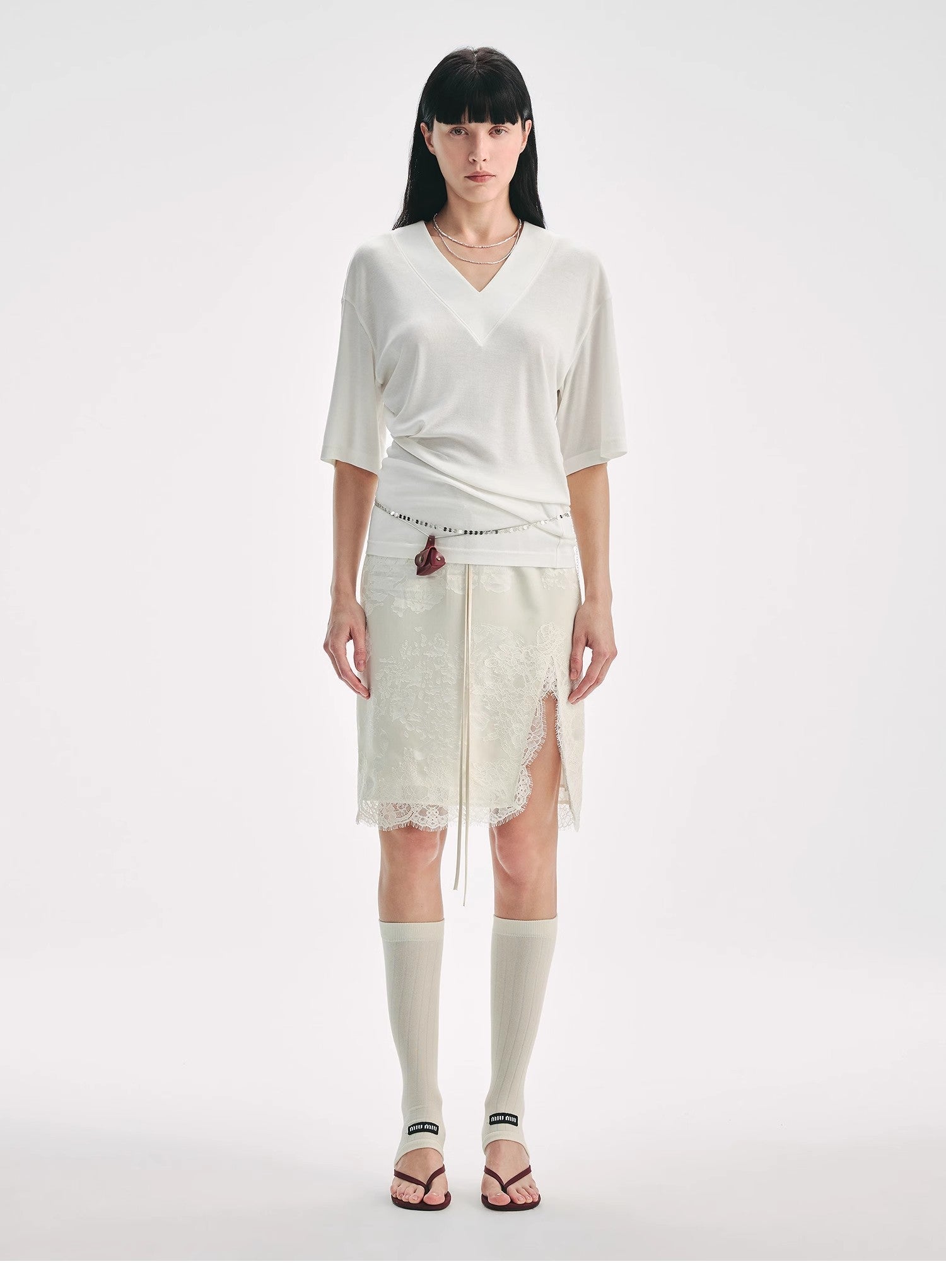 "Lingering Soft Light" Paneled Irregular Lace Straight-Cut Split Skirt-0