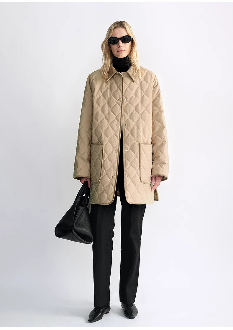 "Diamond Texture" Splicing Lapel 90 White Goose Down Barn Jacket Down Jacket Women-1