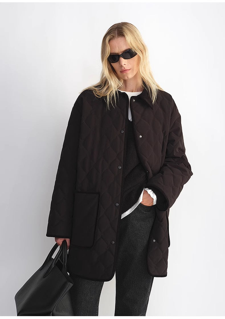 "Diamond Texture" Splicing Lapel 90 White Goose Down Barn Jacket Down Jacket Women-4