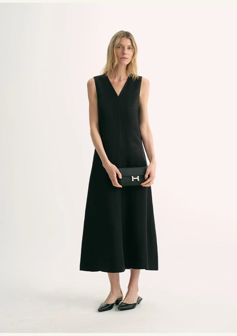 Lightweight and zero-pressure cupro linen textured anti-wrinkle V-neck sleeveless A-line dress-5