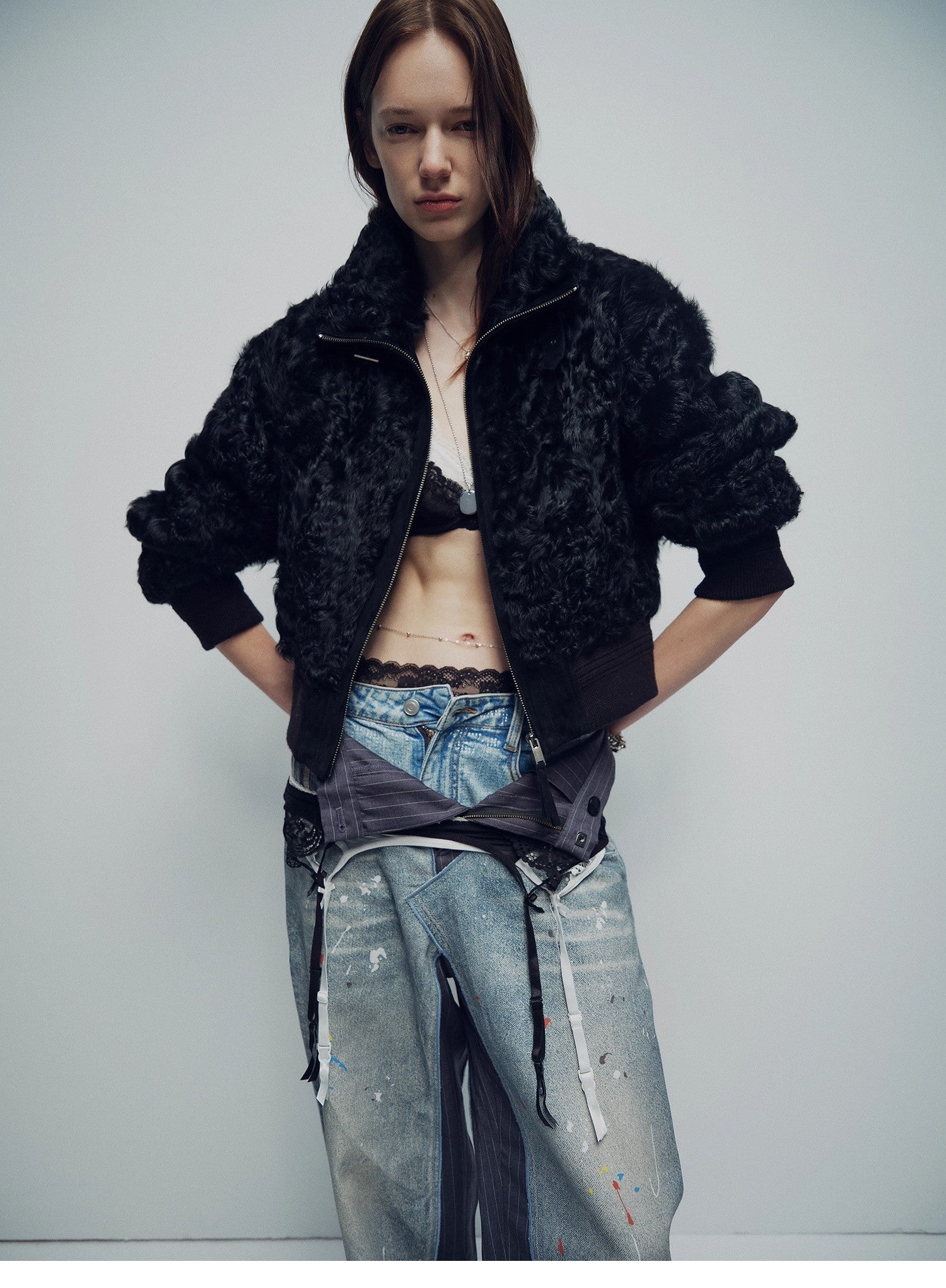 Casual stand-up collar jacket-style fluffy sheep curly hair fashionable short bomber coat"Curly Story"-2