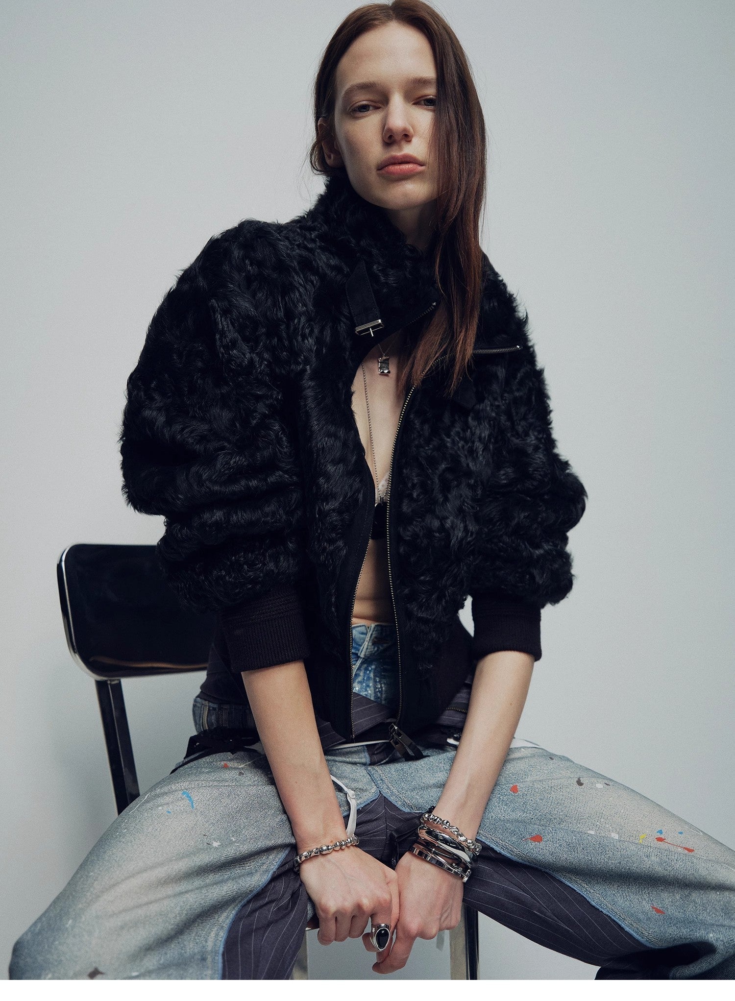Casual stand-up collar jacket-style fluffy sheep curly hair fashionable short bomber coat"Curly Story"-1