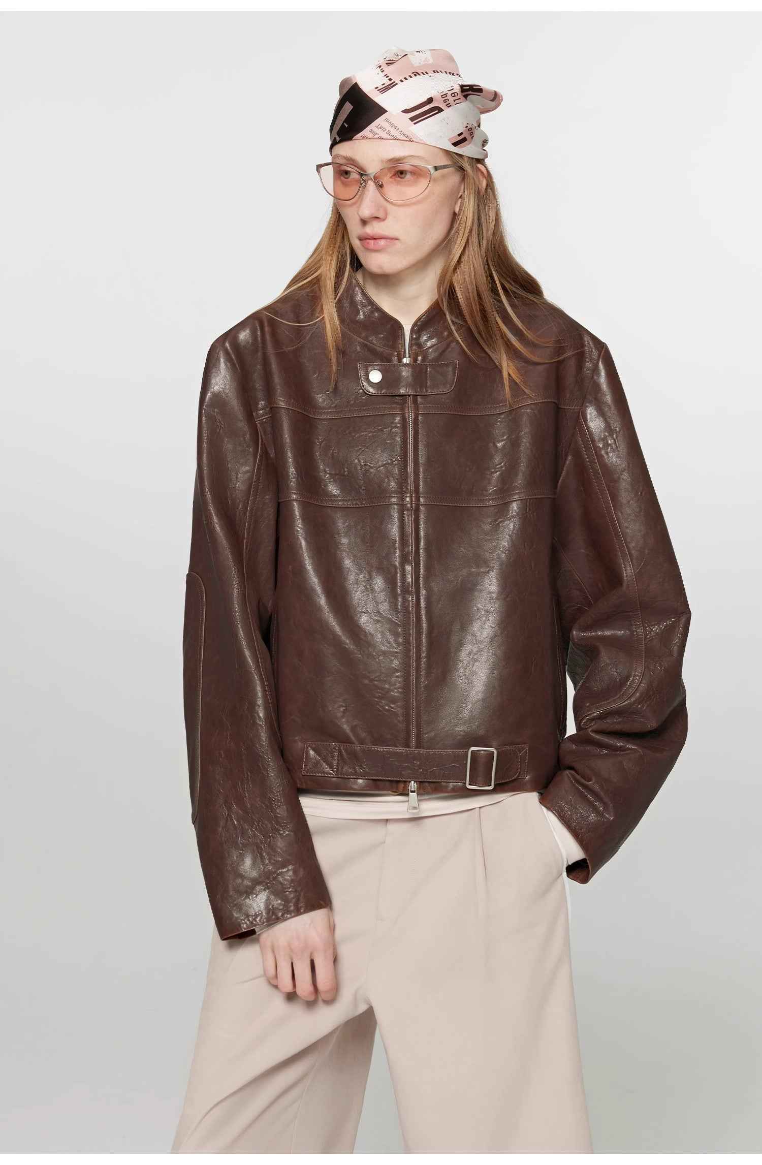 Retro Sheepskin Stand Collar Short Motorcycle Jacket “Caramel Mountain”-4