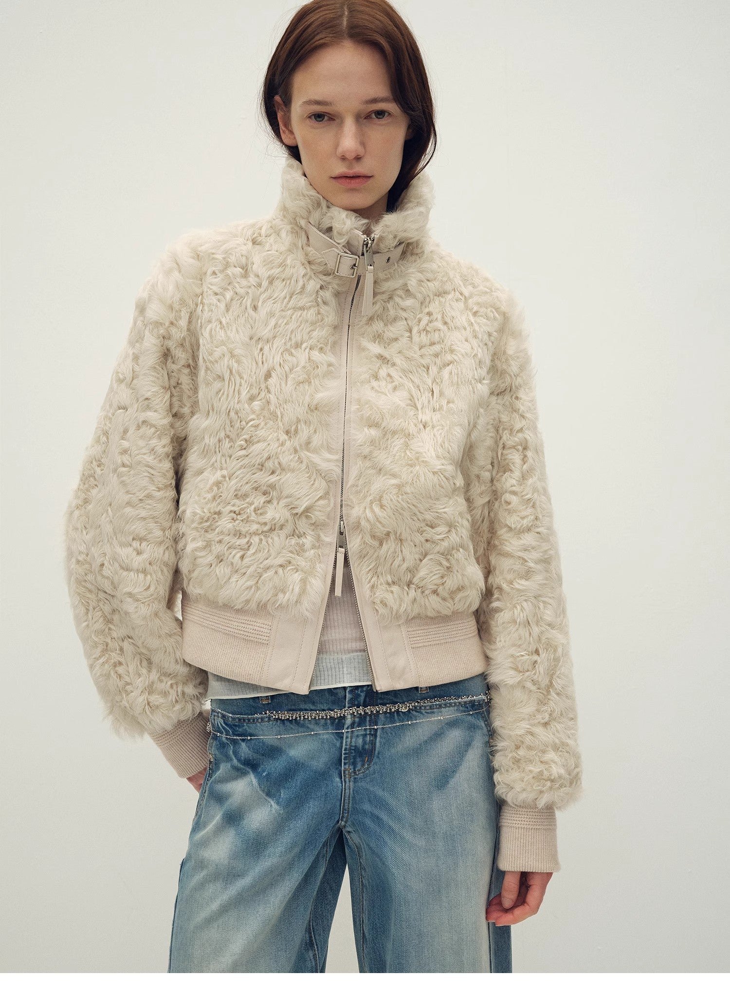 Casual stand-up collar jacket-style fluffy sheep curly hair fashionable short bomber coat"Curly Story"-4