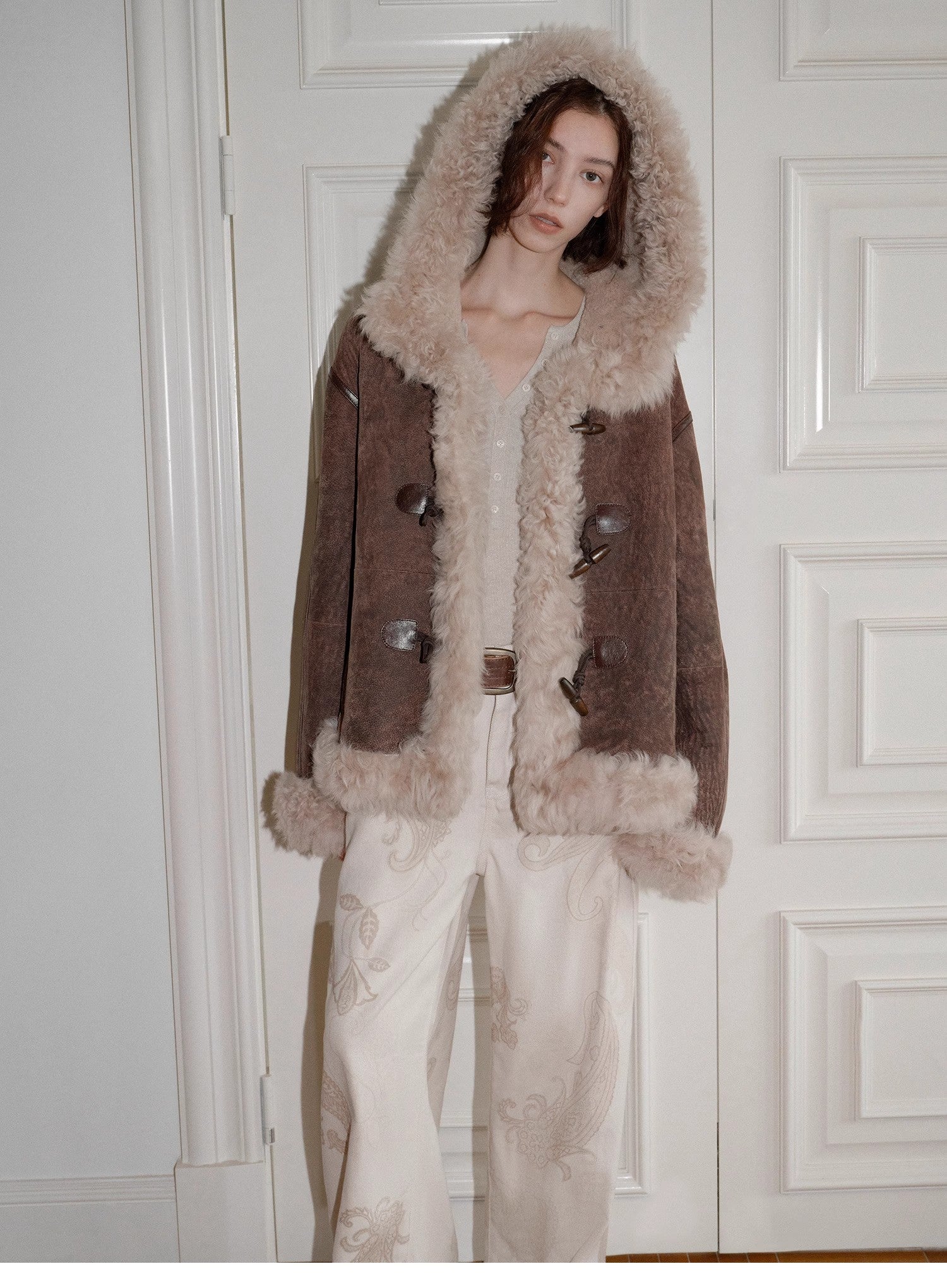 Fireladyfur Women's Shearling Coat - Drop Shoulder Hooded Merino Wool Winter Jacket-1