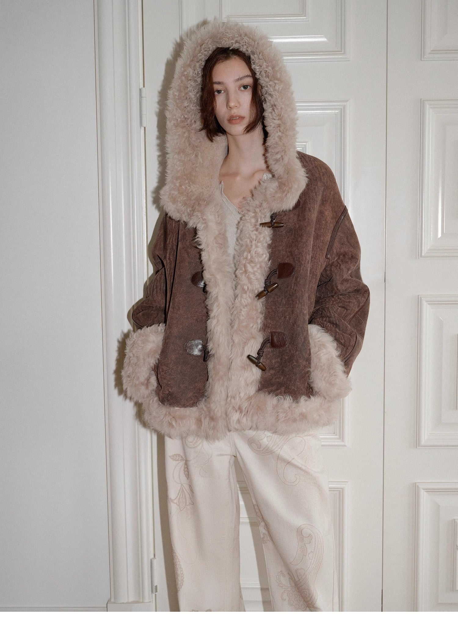 Fireladyfur Women's Shearling Coat - Drop Shoulder Hooded Merino Wool Winter Jacket-4
