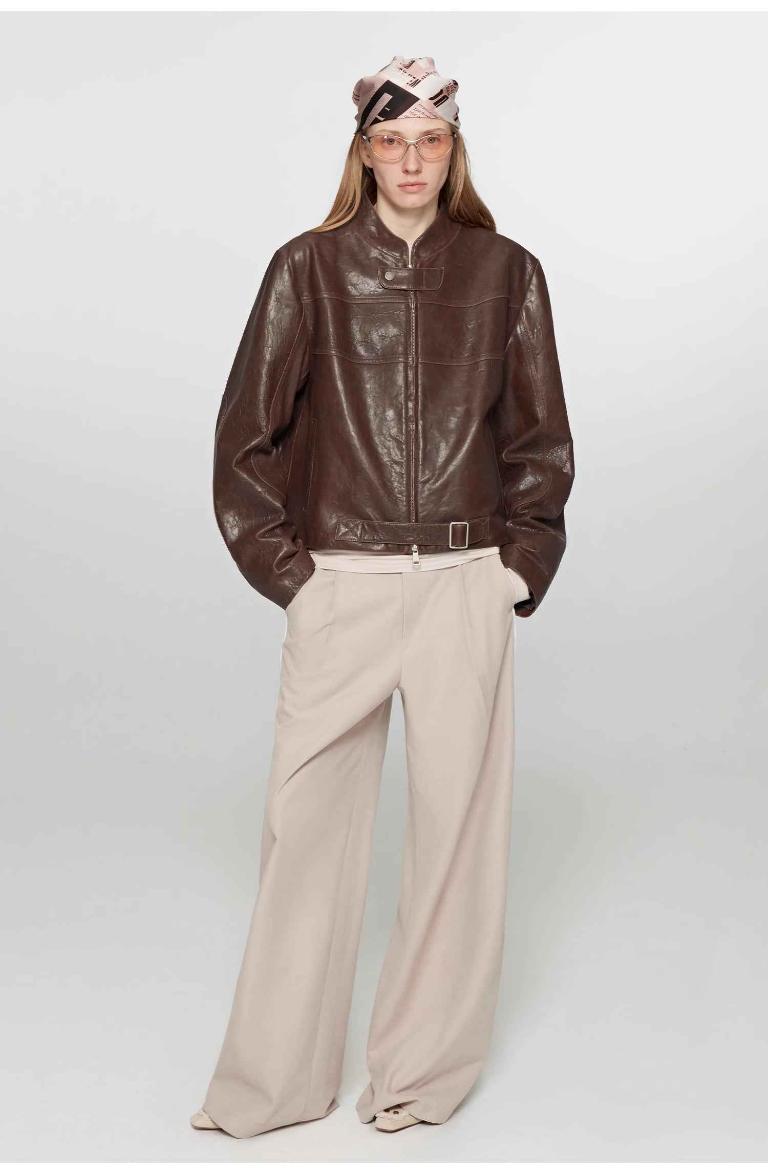 Retro Sheepskin Stand Collar Short Motorcycle Jacket “Caramel Mountain”-0