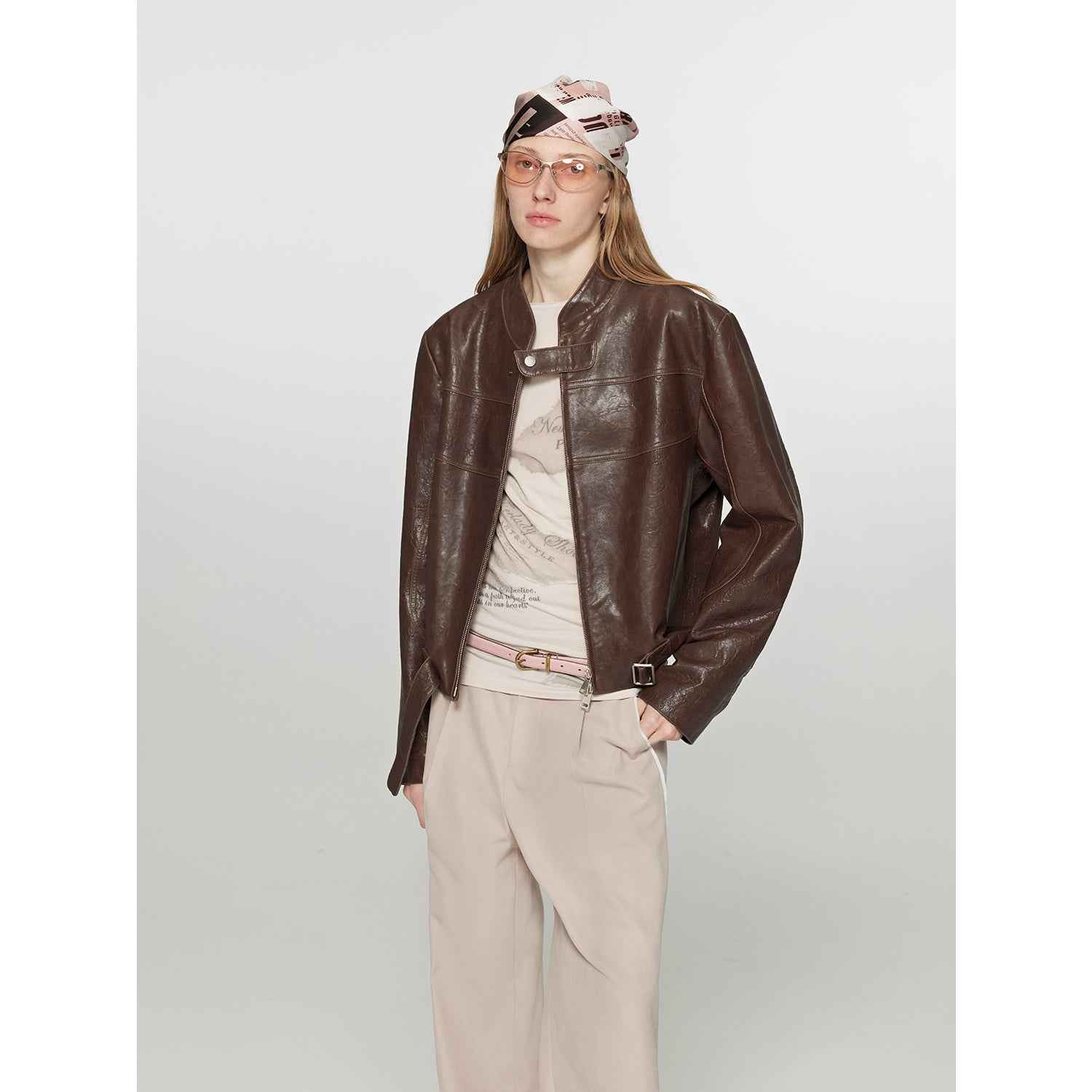 Retro Sheepskin Stand Collar Short Motorcycle Jacket “Caramel Mountain”-3