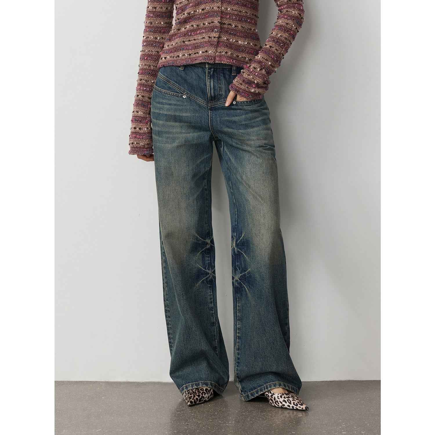 Vintage Heavy Wash Distressed Marble Pattern V-Shaped Segmented Slimming Textured Straight-Leg Denim Trousers-5