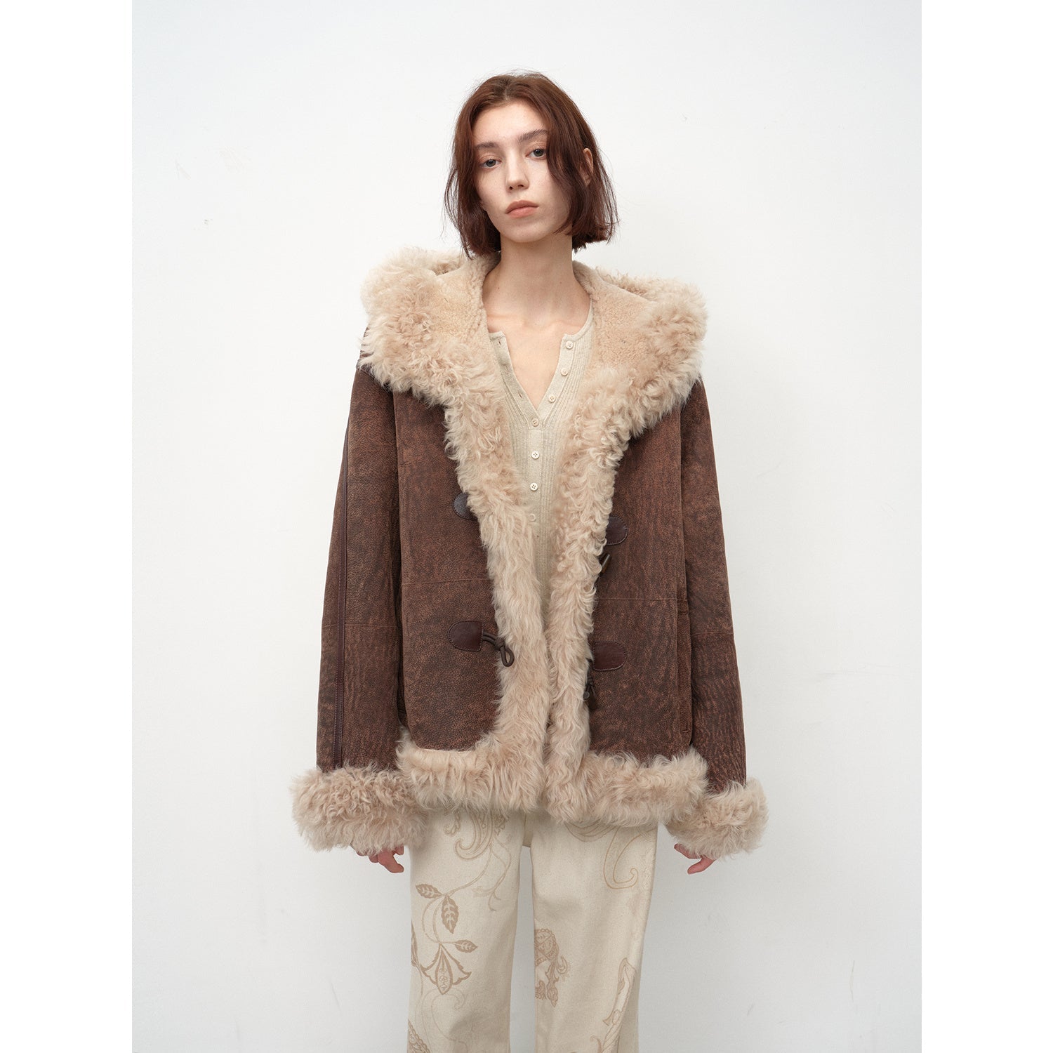 Fireladyfur Women's Shearling Coat - Drop Shoulder Hooded Merino Wool Winter Jacket-6