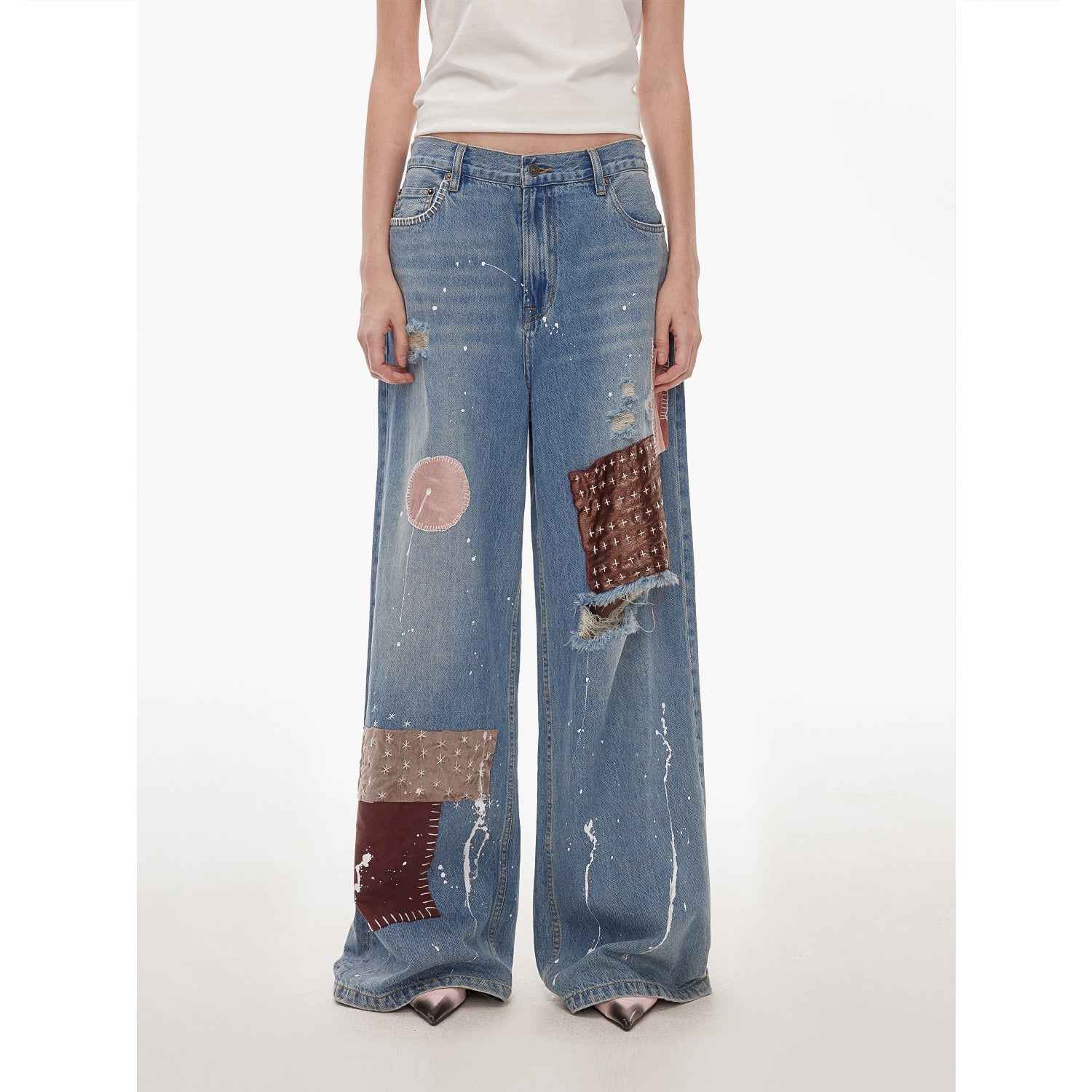 "Uninhibited splicing" retro design mid-low waist washed ripped hole splattered paint cloth patch wide-leg jeans-5