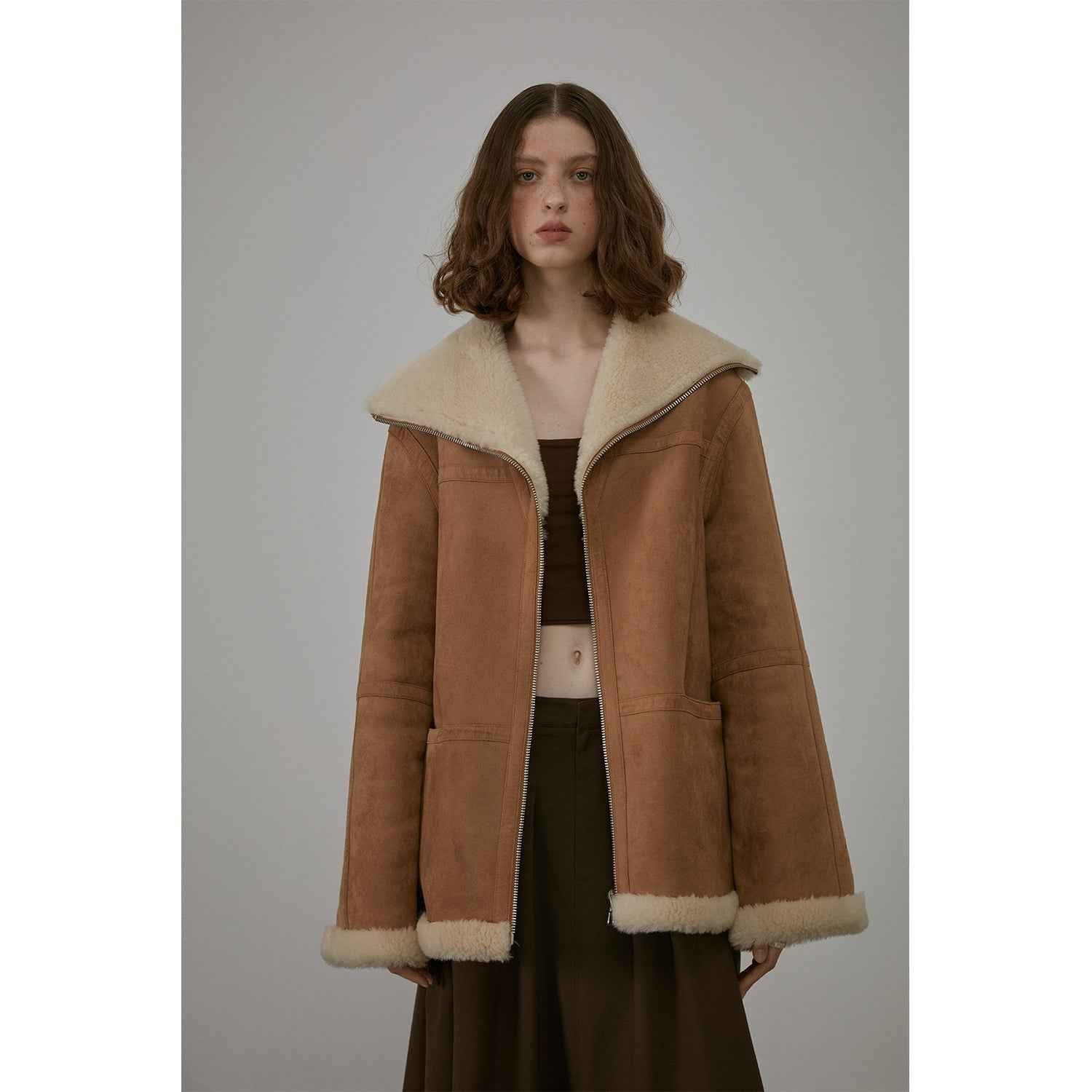 Fireladyfur Women's Faux Leather Shearling Jacket - Short Lapel Wool Coat Vintage-1