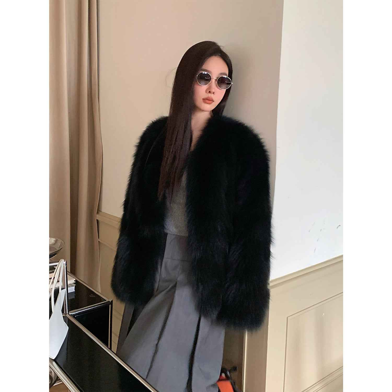 Fireladyfur Women's Finland Saga Fox Fur Fashion Cardigan“Black Sugar”-2