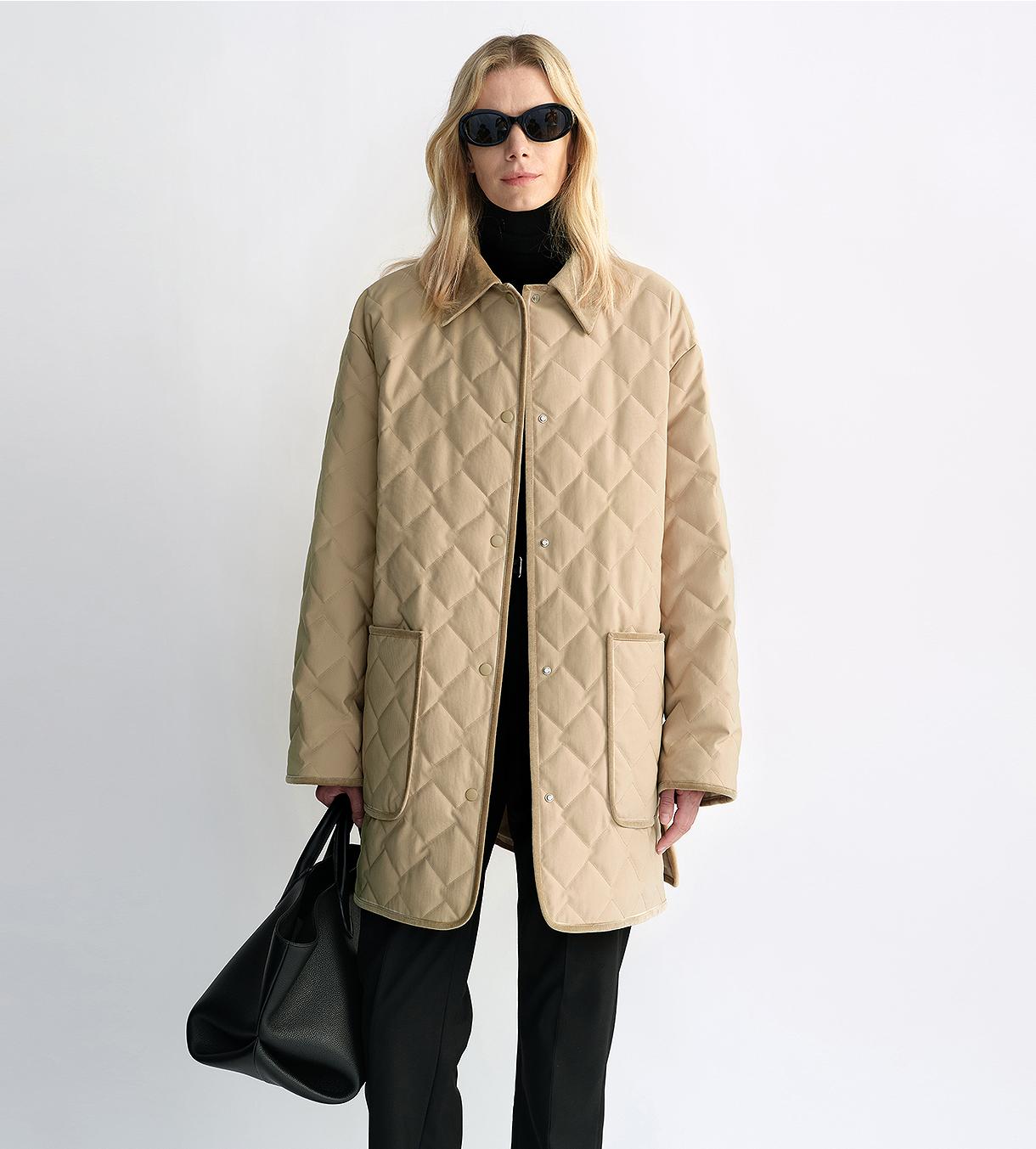 "Diamond Texture" Splicing Lapel 90 White Goose Down Barn Jacket Down Jacket Women-5