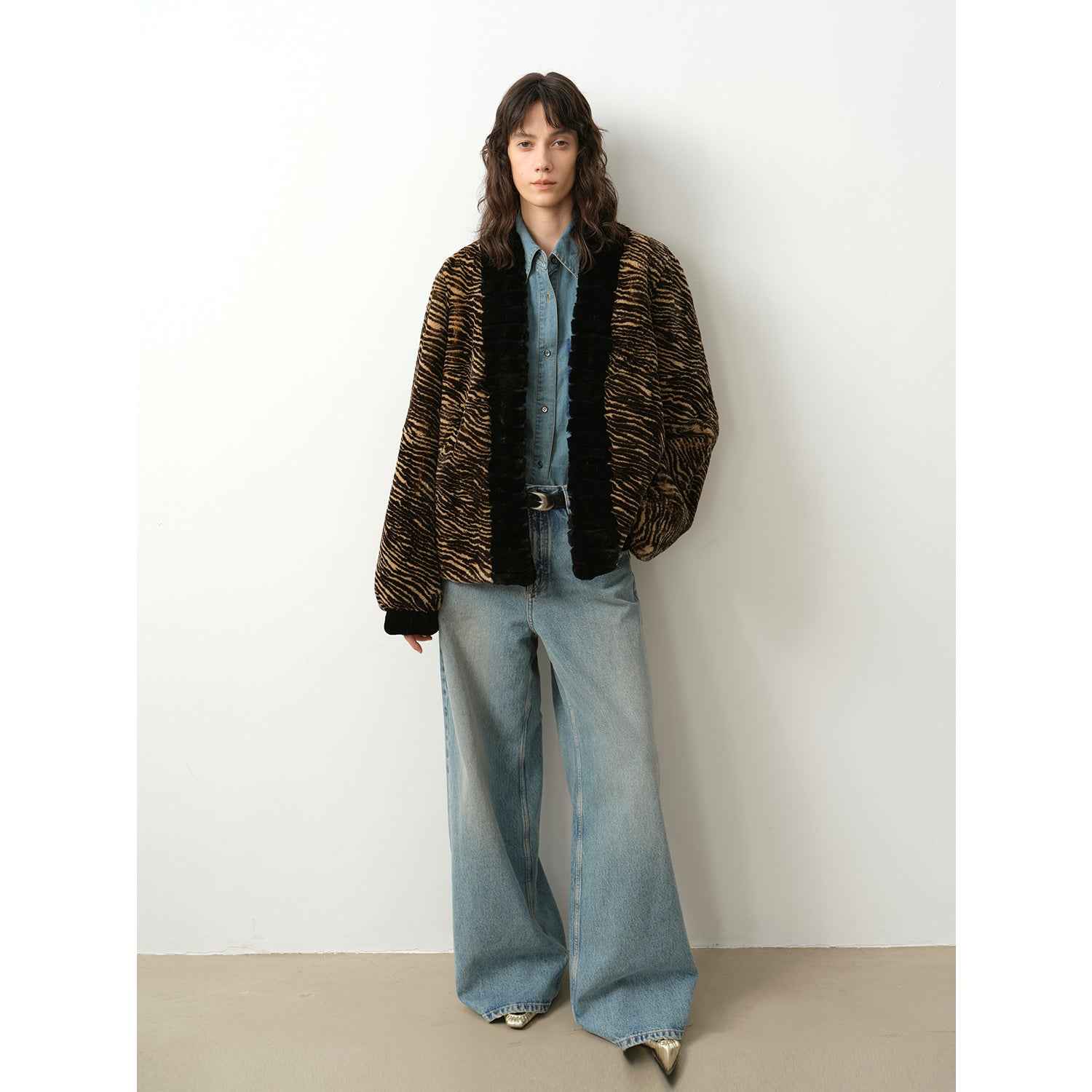 "Multiple Stripes" Retro Personalized Stripe Print Delicate V-Neck Rex Rabbit Fur Jacket-0