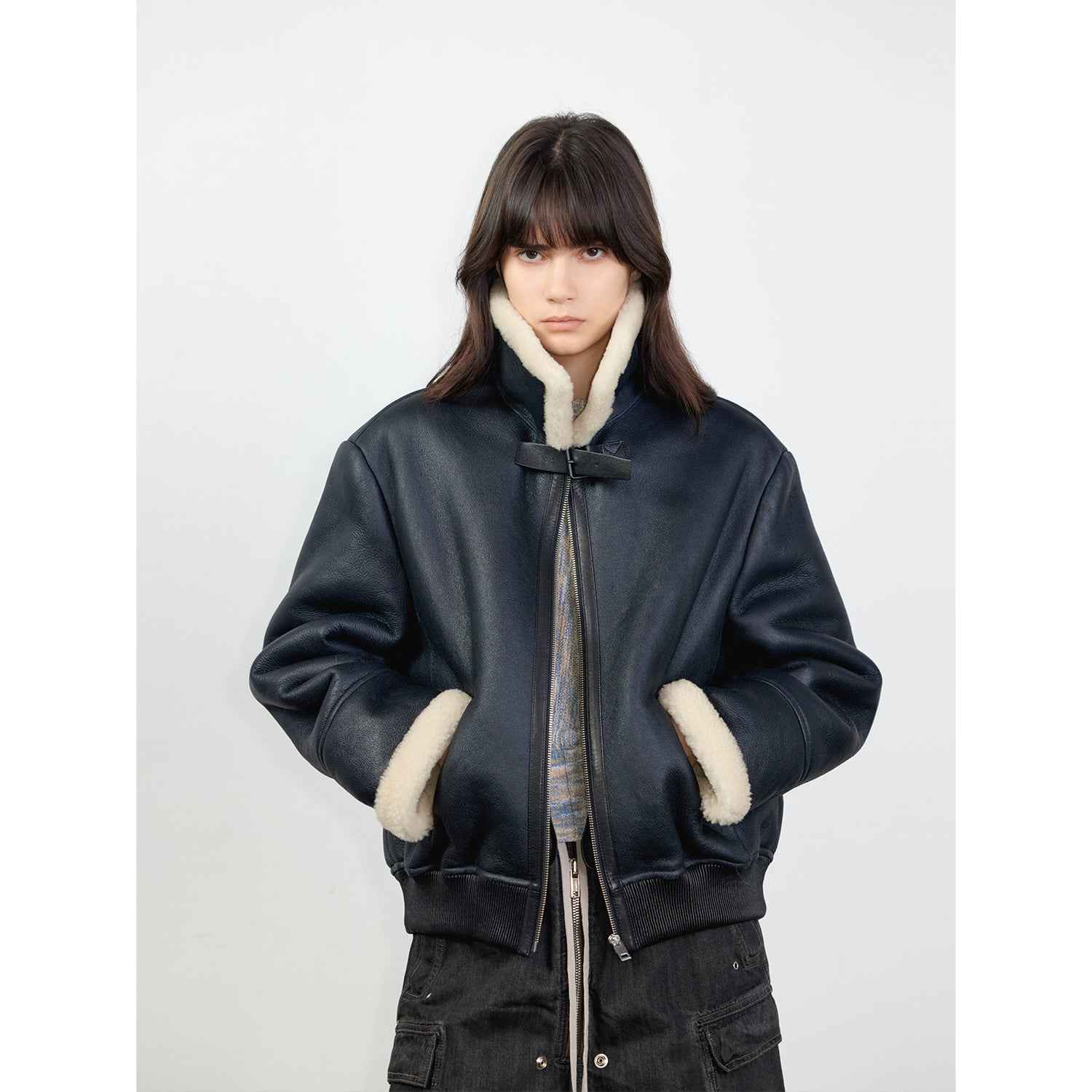 Fireladyfur Women's Shearling Coat - Casual Motorcycle Style Imported Merino Wool-2