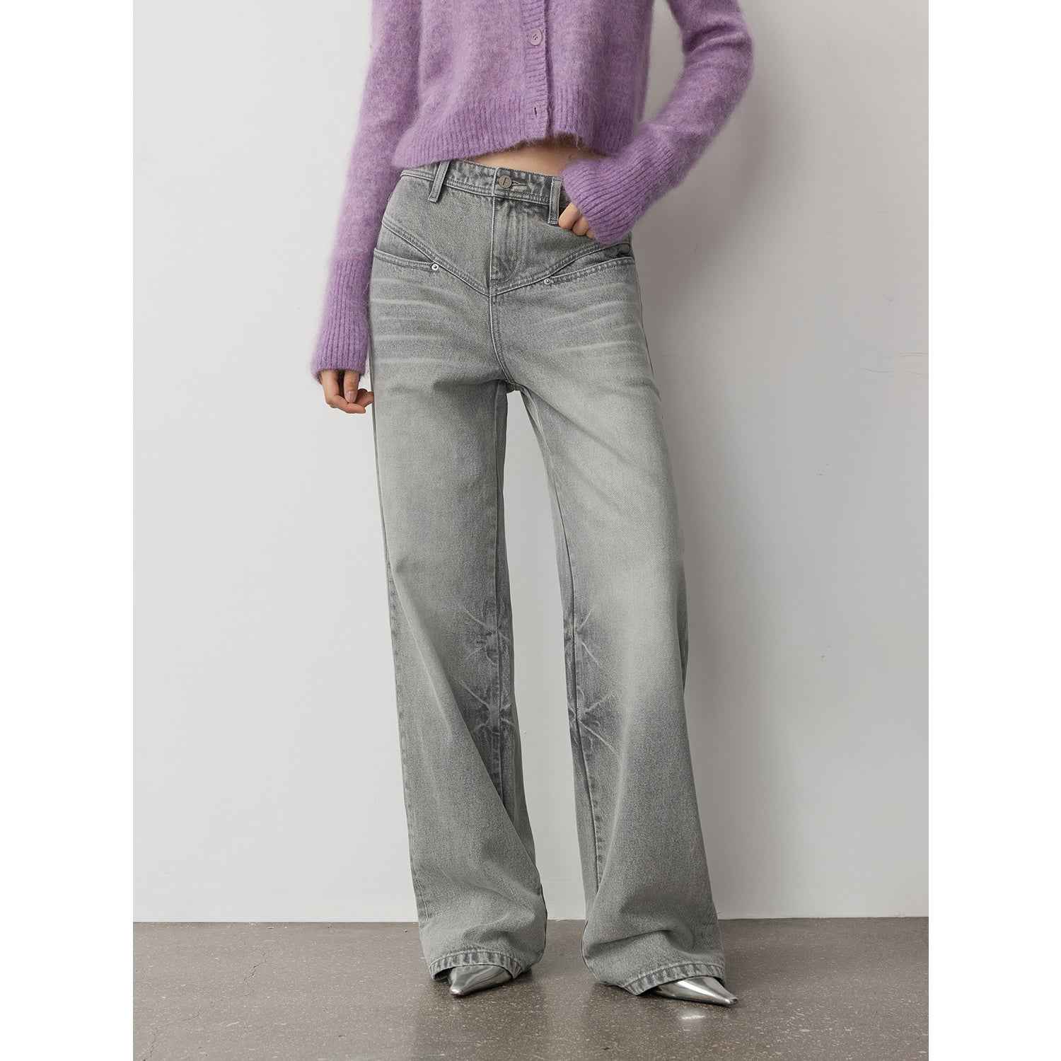 Vintage Heavy Wash Distressed Marble Pattern V-Shaped Segmented Slimming Textured Straight-Leg Denim Trousers-1
