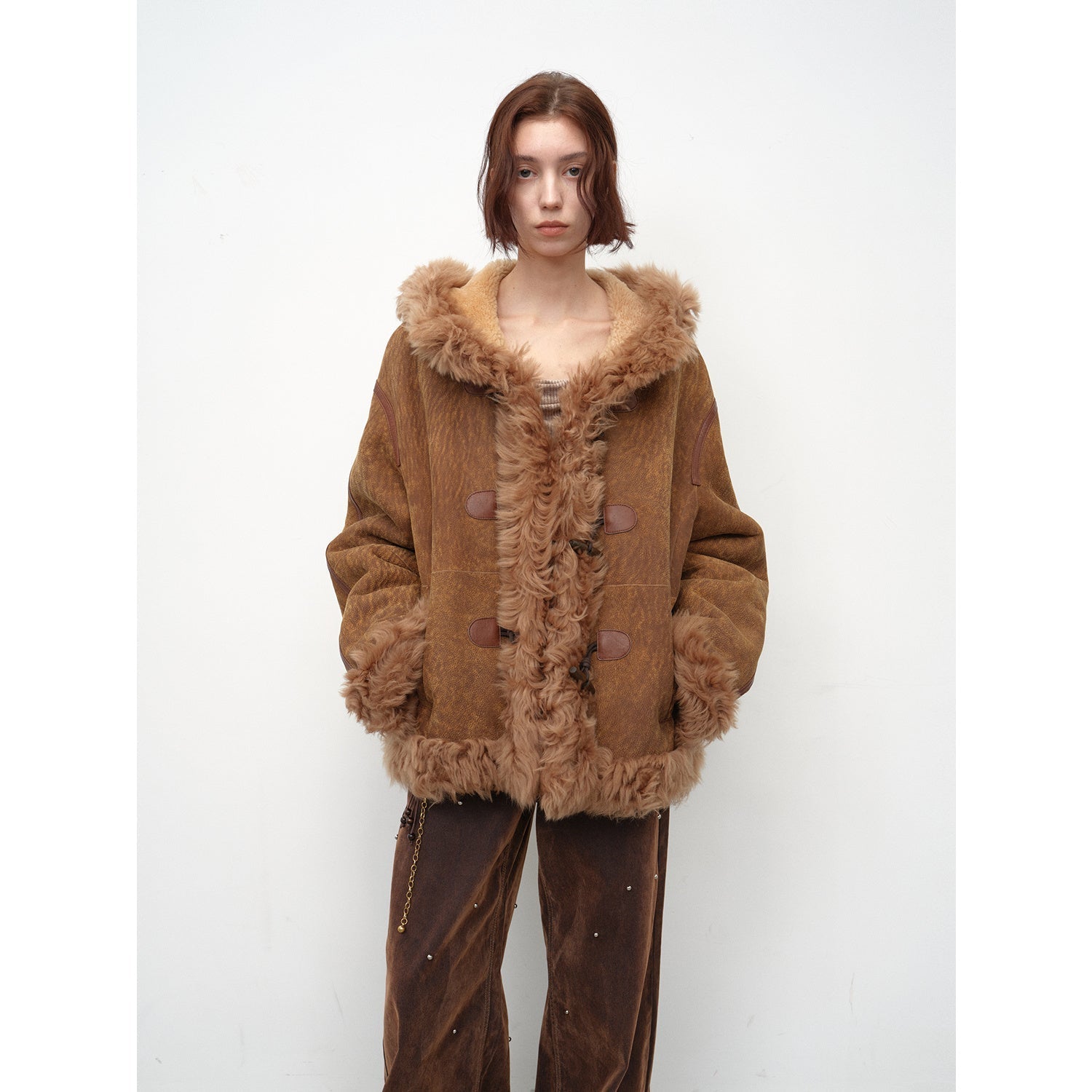 Fireladyfur Women's Shearling Coat - Drop Shoulder Hooded Merino Wool Winter Jacket-5