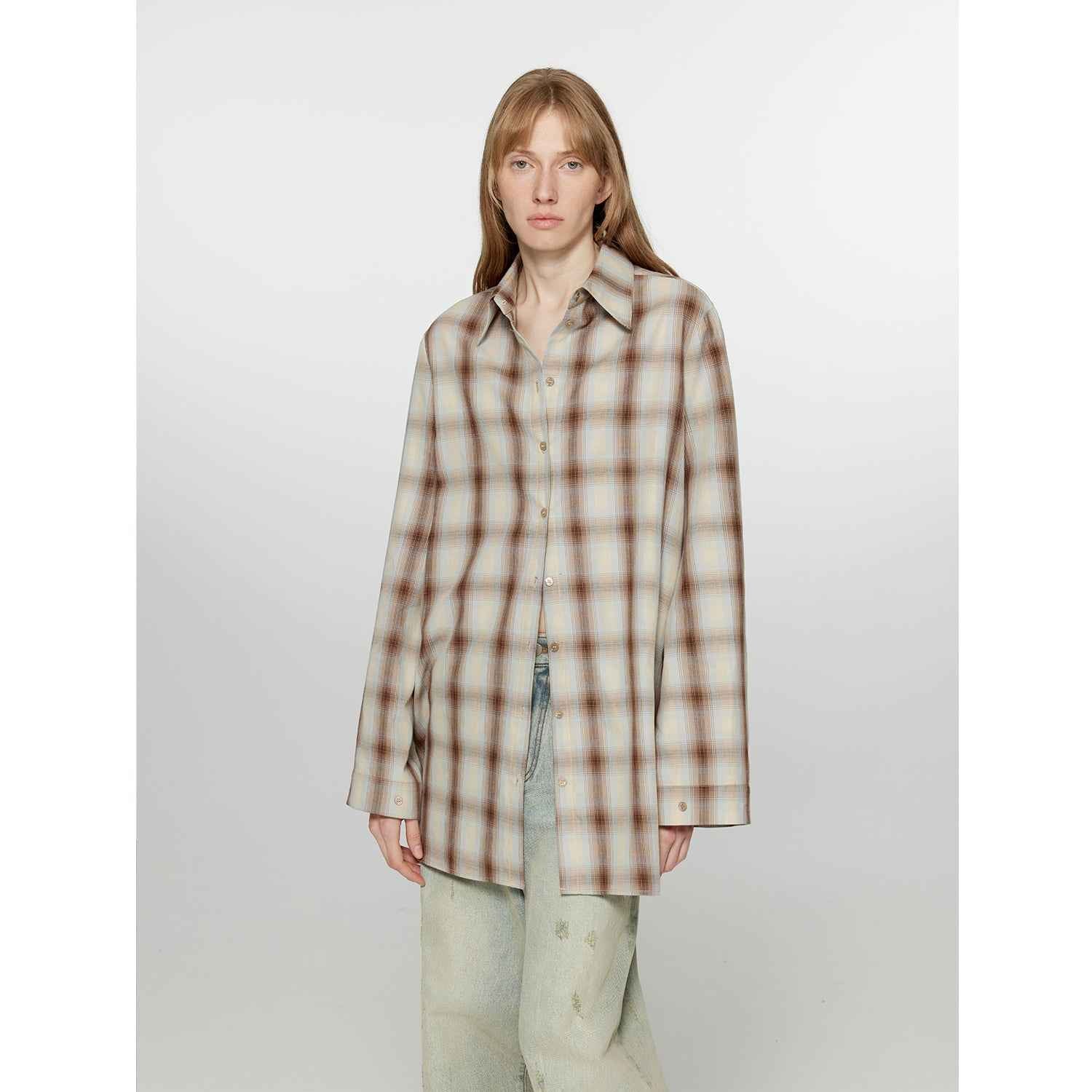 "Tea Grid" high-quality high-count cotton loose retro plaid shirt-4