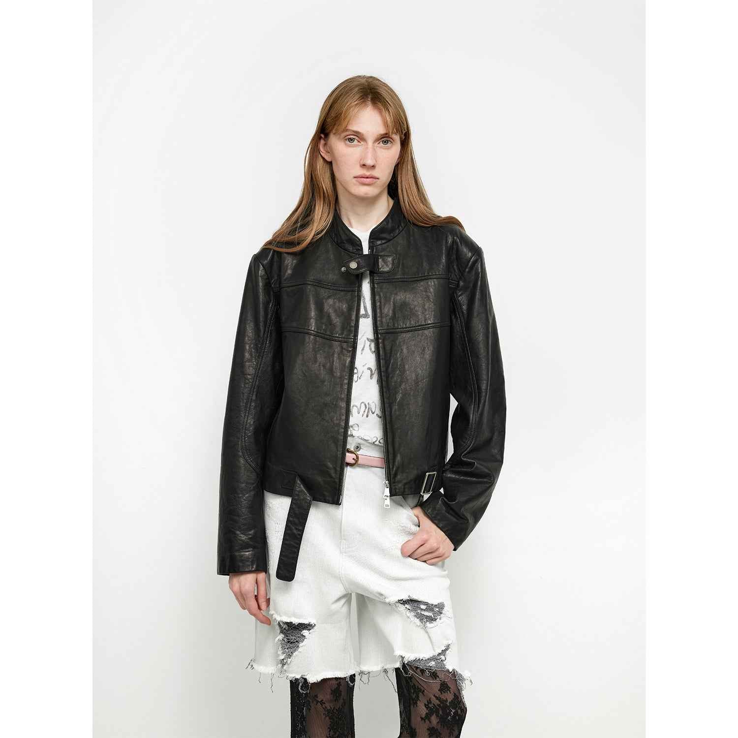 Retro Sheepskin Stand Collar Short Motorcycle Jacket “Caramel Mountain”-6