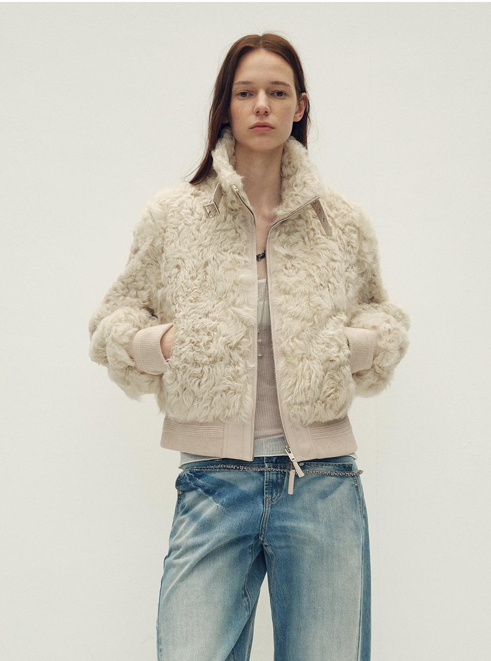 Casual stand-up collar jacket-style fluffy sheep curly hair fashionable short bomber coat"Curly Story"-6