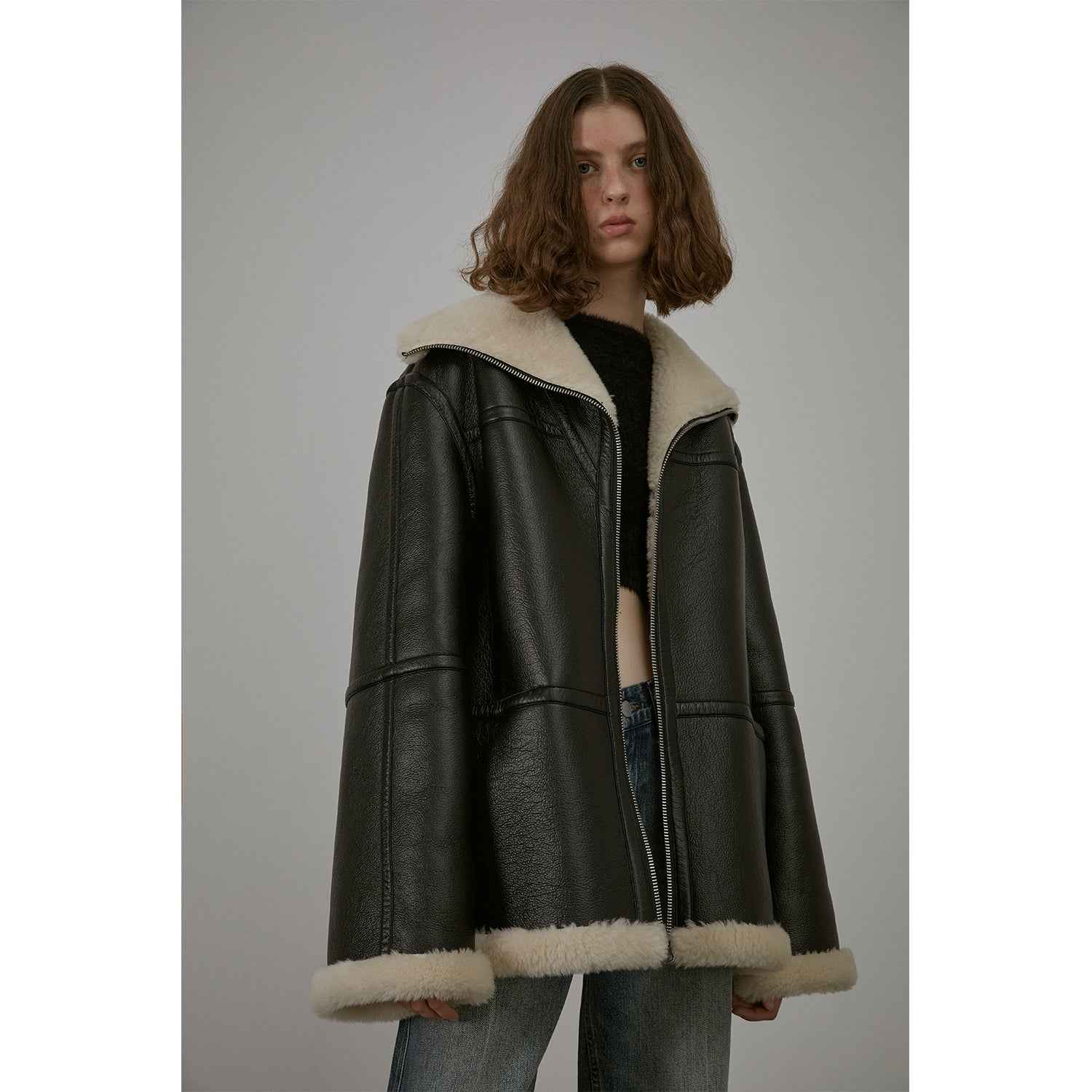 Fireladyfur Women's Faux Leather Shearling Jacket - Short Lapel Wool Coat Vintage-4