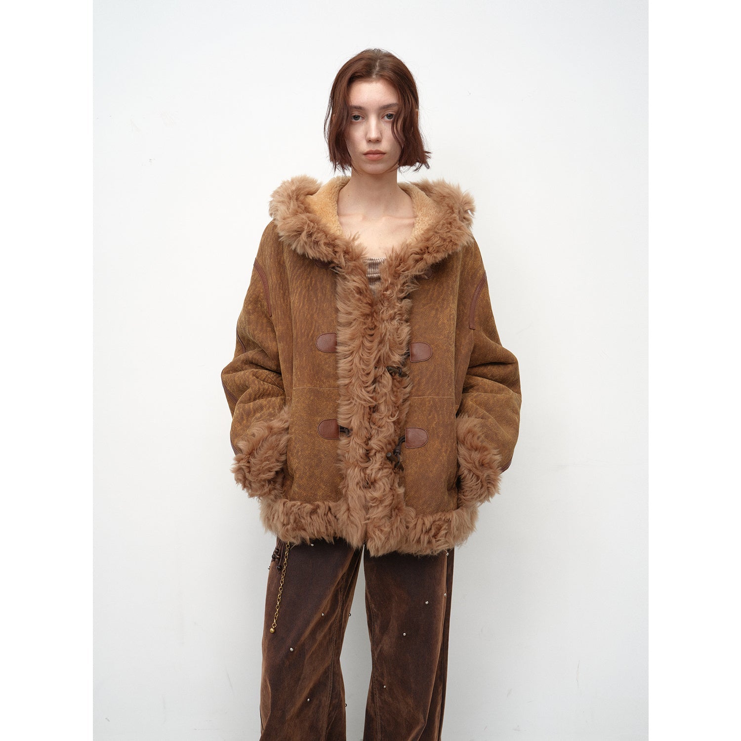 Fireladyfur Women's Shearling Coat - Drop Shoulder Hooded Merino Wool Winter Jacket-5