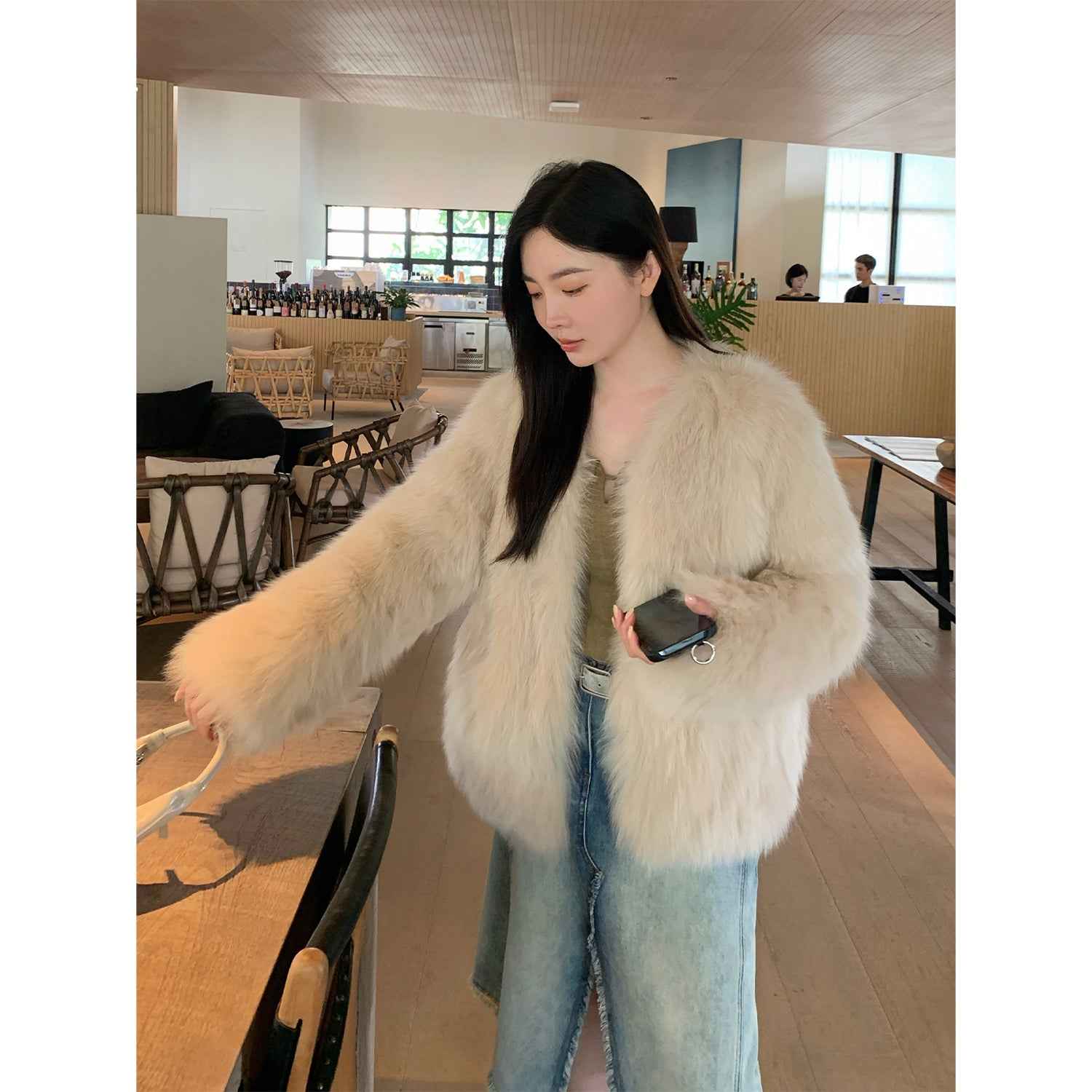 Fireladyfur Women's Finland Saga Fox Fur Fashion Cardigan“Black Sugar”-4