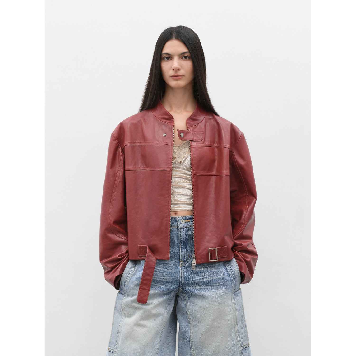 Retro Sheepskin Stand Collar Short Motorcycle Jacket “Caramel Mountain”-7